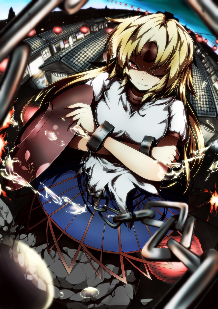 blonde_hair chain cup grin highres horn hoshiguma_yuugi red_eyes sakazuki smile solo touhou ugume