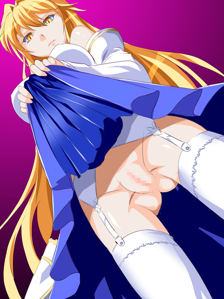 archetype_earth arcueid_brunestud blonde_hair breasts censored dress dress_lift female gradient gradient_background highres large_breasts legwear long_hair looking_down no_panties nuko_majin pussy serious solo standing stockings tsukihime type-moon yellow_eyes