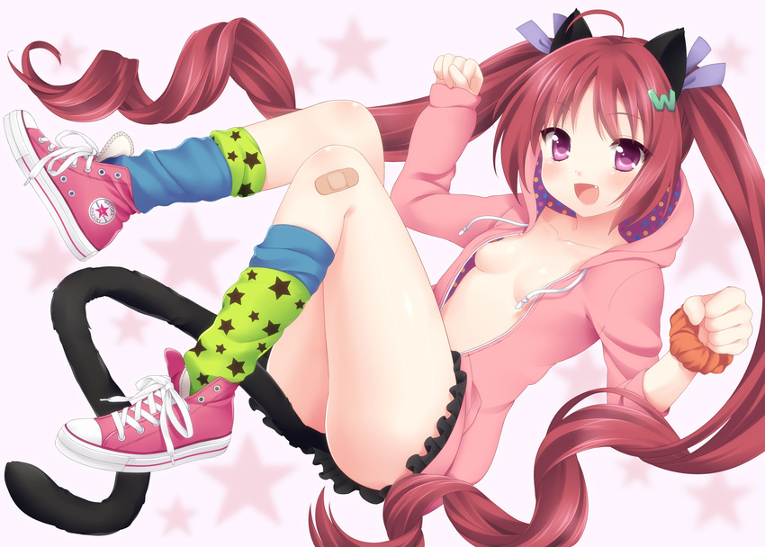 :d absurdres ahoge animal_ears bad_id bad_pixiv_id bandaid bandaid_on_knee blush borrowed_character breasts cat_ears cat_tail collarbone etou_(cherry7) fang full_body hair_ornament hazuki_watora highres hood hood_down hoodie long_hair multicolored multicolored_polka_dots naked_hoodie no_bra no_panties open_clothes open_hoodie open_mouth original paw_pose polka_dot polka_dot_hoodie print_legwear purple_eyes red_hair scrunchie shoes skirt small_breasts smile sneakers solo star star_print tail twintails wrist_scrunchie