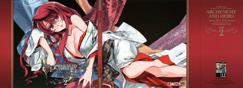 absurdres breasts cleavage cover headwear_removed highres huge_breasts ishida_akira japanese_clothes kimono long_hair maou_(maoyuu) maoyuu_maou_yuusha off_shoulder red_eyes red_hair scan solo