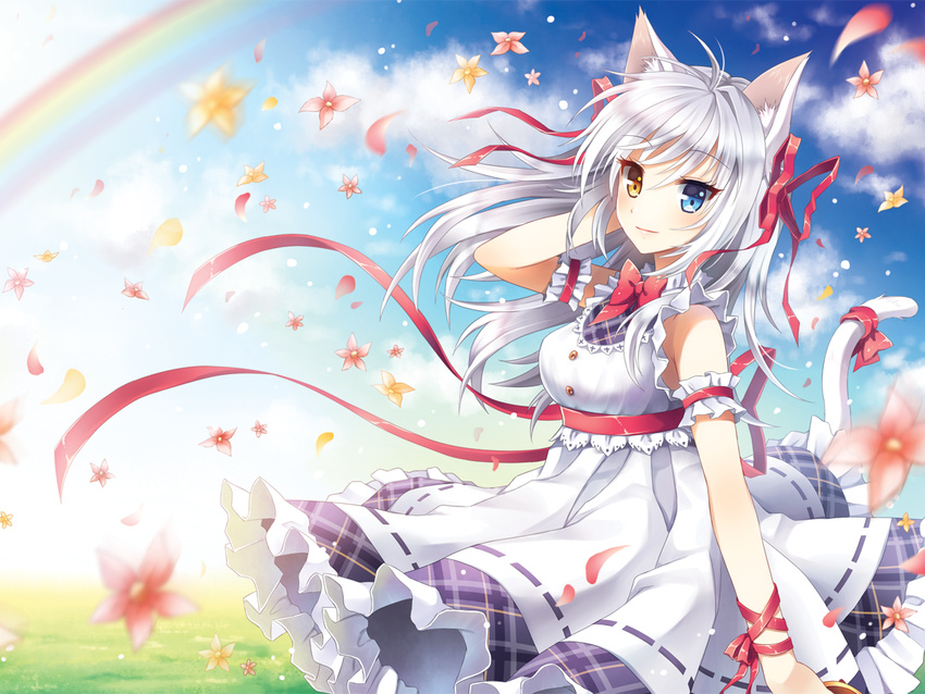 adjusting_hair aina_rive animal_ears bare_shoulders blush cat_ears cat_tail cloud day dress flower heterochromia mauve original petals rainbow ribbon smile solo tail tail_ribbon white_hair wrist_ribbon