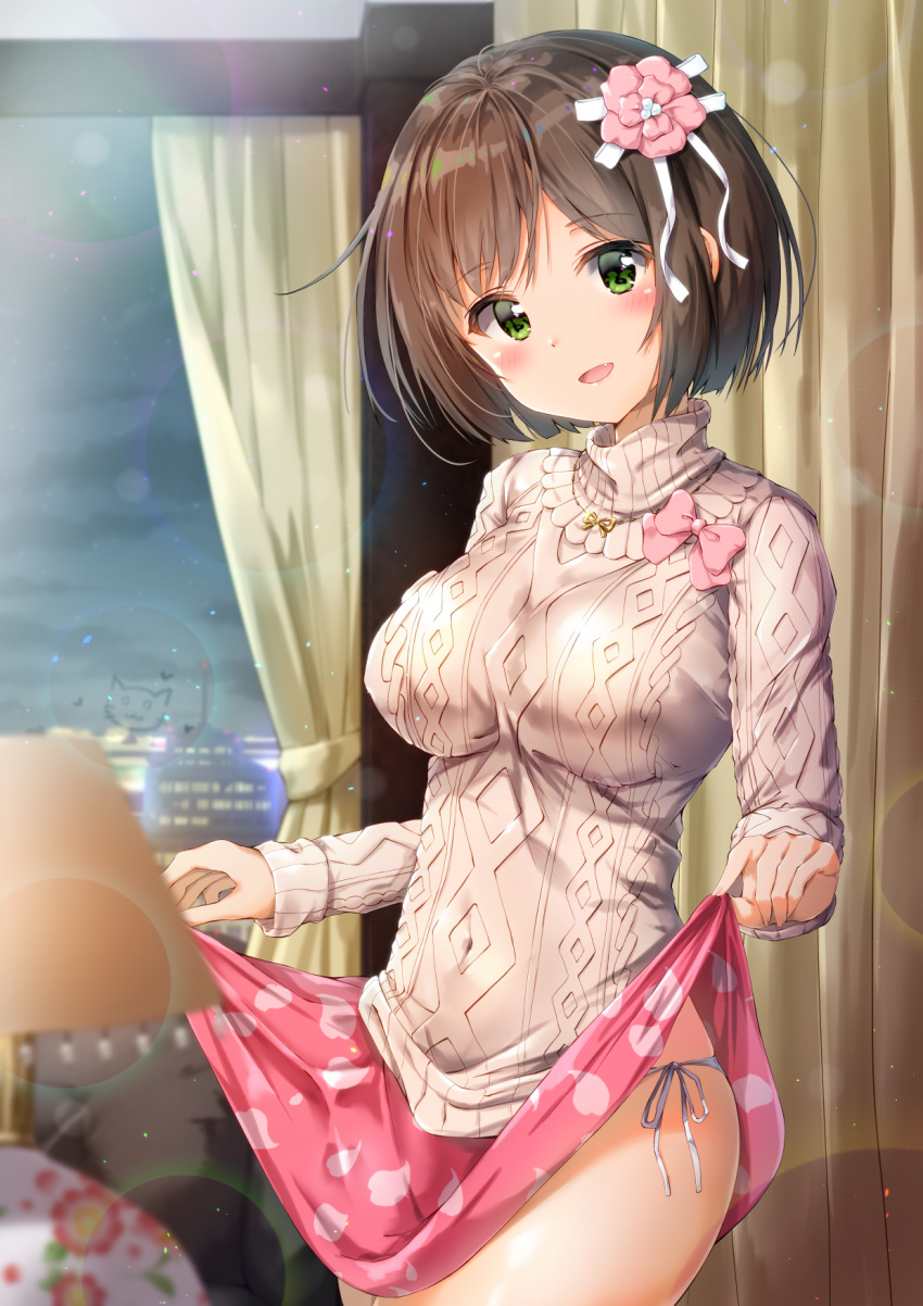 1girl :d aran_sweater blurry blurry_foreground blush bow breasts brown_hair cityscape cloud cloudy_sky commentary_request covered_navel curtains depth_of_field fang fingernails flower green_eyes hair_flower hair_ornament head_tilt highres idolmaster idolmaster_cinderella_girls indoors kuria_(clear_trip_second) lamp lampshade large_breasts lifted_by_self long_sleeves looking_at_viewer maekawa_miku night night_sky open_mouth panties pantsu pink_bow pink_flower pink_skirt side-tie_panties skirt skirt_lift sky sleeves_past_wrists smile solo sweater the_idolm@ster the_idolm@ster_cinderella_girls underwear white_panties white_sweater window