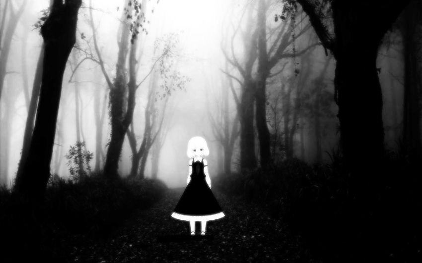 forest greyscale highres kuroneko_bitch monochrome nature rumia short_hair solo touhou tree