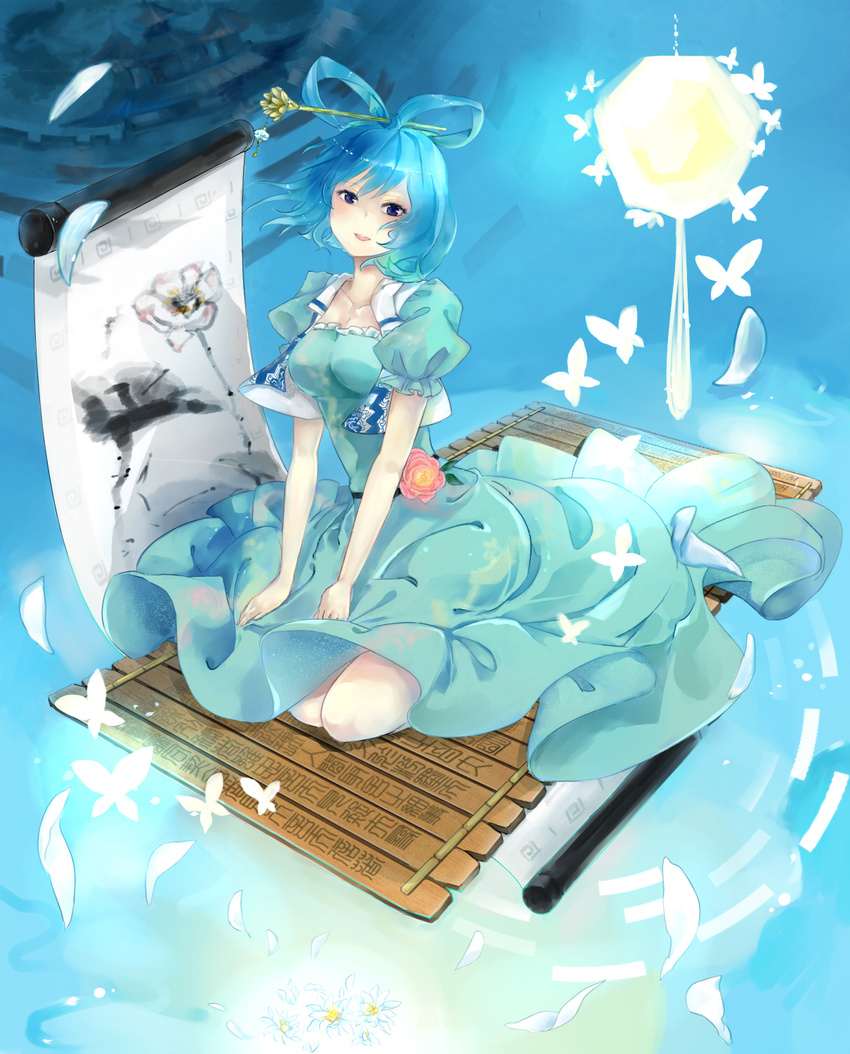 bad_id bad_pixiv_id bamboo_scroll blue_eyes blue_hair breasts bug butterfly cleavage dress flower hair_ornament hair_rings hair_stick hanging_scroll highres insect kaku_seiga kneeling lantern medium_breasts nutoa open_mouth pagoda petals raft scroll solo touhou vest