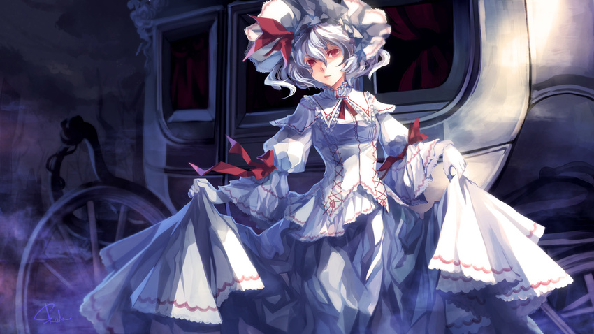 ascot blue_hair carriage curtsey dress gloves hat highres looking_at_viewer md5_mismatch red_eyes remilia_scarlet short_hair skade solo touhou white_gloves wings