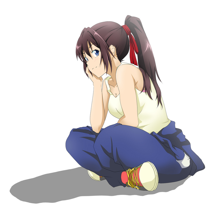 akou_(phoenix777) alternate_costume blue_eyes blush bra breasts brown_hair cleavage contemporary full_body hair_ribbon hand_on_own_cheek highres long_hair medium_breasts oda_nobuna_no_yabou ponytail ribbon shibata_katsuie_(oda_nobuna_no_yabou) shoes simple_background sitting smile sneakers solo underwear white_background