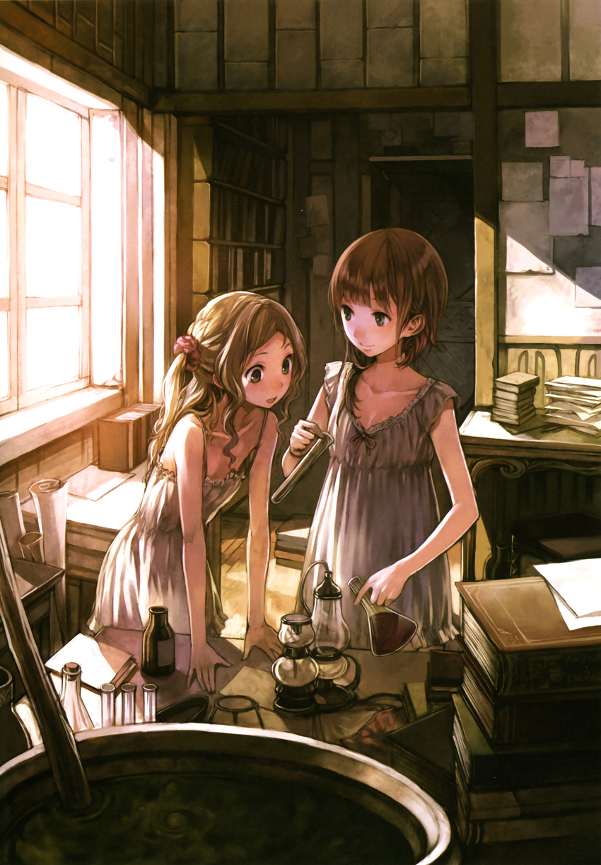 absurdres alchemy atelier_(series) atelier_rorona blonde_hair blue_eyes book bottle brown_hair cuderia_von_feuerbach dress erlenmeyer_flask flask highres kishida_mel long_hair multiple_girls official_art rororina_fryxell short_hair smile sundress test_tube two_side_up window