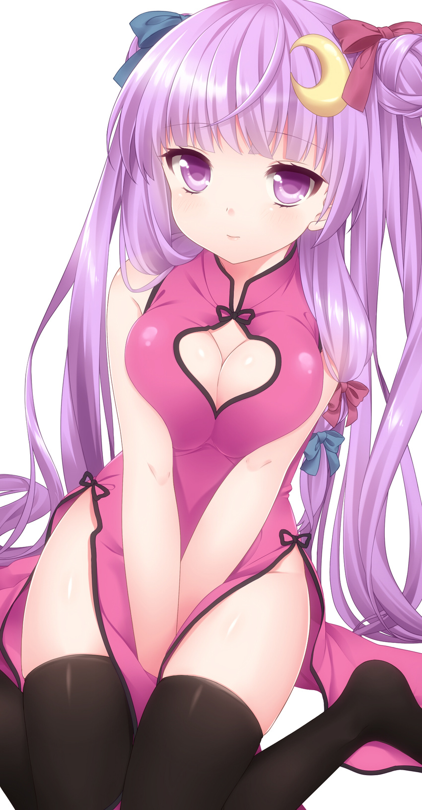 alternate_costume bad_id bad_pixiv_id black_legwear blush china_dress chinese_clothes cleavage_cutout close-up crescent crescent_hair_ornament double_bun dress etou_(cherry7) hair_ornament hair_ribbon heart_cutout highres long_hair no_panties patchouli_knowledge pink_dress purple_eyes purple_hair ribbon shiny shiny_skin simple_background sitting solo thighhighs touhou wariza white_background