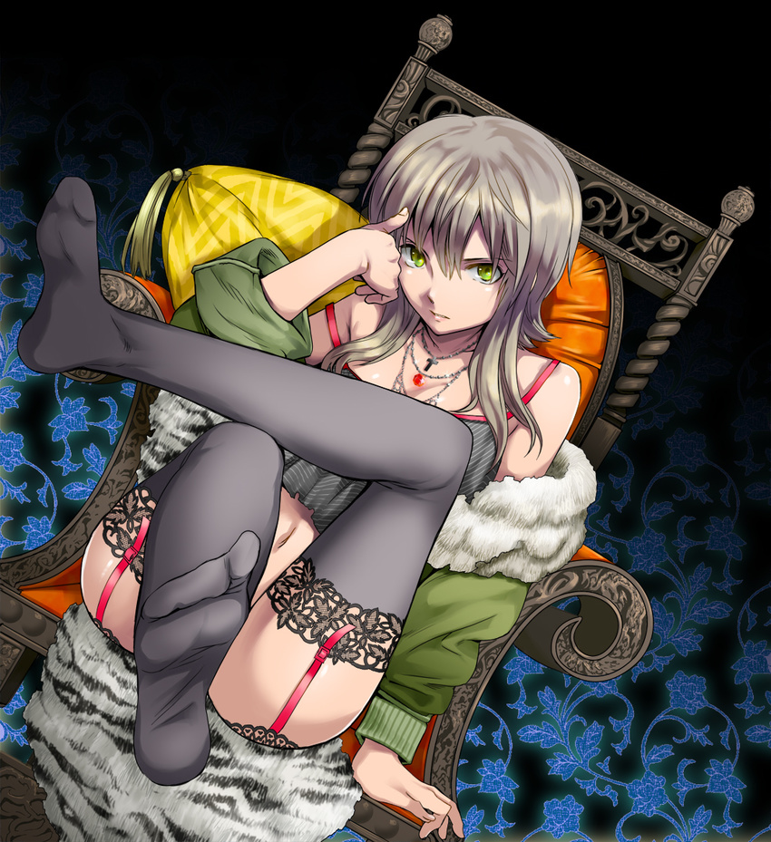 arm_support armchair bare_shoulders black_legwear chair cross crossed_legs cuvie dutch_angle feet fur_trim garter_straps green_eyes grey_hair hair_between_eyes head_tilt jewelry lace lace-trimmed_thighhighs legs_up long_hair looking_at_viewer navel necklace no_shoes off_shoulder original parted_lips sitting sleeves_rolled_up solo thighhighs