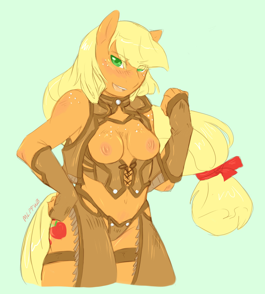 anthro anthrofied applejack_(mlp) aries84 blonde_hair blush breasts clothing cutie_mark equine female freckles friendship_is_magic green_eyes hair horse long_hair looking_at_viewer mammal mlpfwb my_little_pony nipples open_mouth pony solo tongue