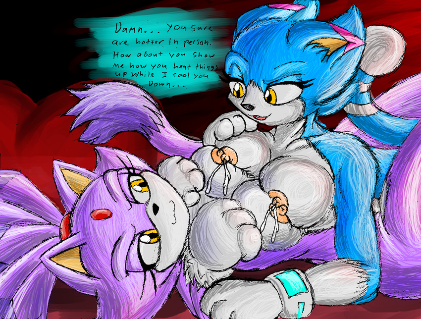 anthro blaze_the_cat blue_fur breast_squish breasts breasts_frottage cat couple dialog dialogue duo feline female fur ionic44 lactating mammal original_the_character ponytail purple_fur sega sonic_(series) text
