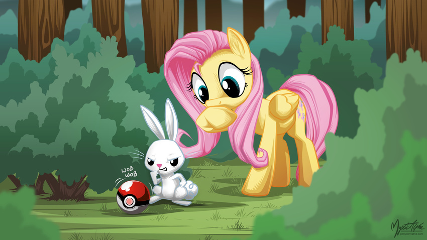 black_eyes blue_eyes bushes crossover cutie_mark duo equine female feral fluttershy_(mlp) friendship_is_magic fur grass hair horse lagomorph male mammal my_little_pony mysticalpha nintendo outside pegasus pink_hair pok&#233;ball pok&#233;mon pok&eacute;ball pok&eacute;mon pony rabbit tree video_games white_fur wings wood yellow_fur