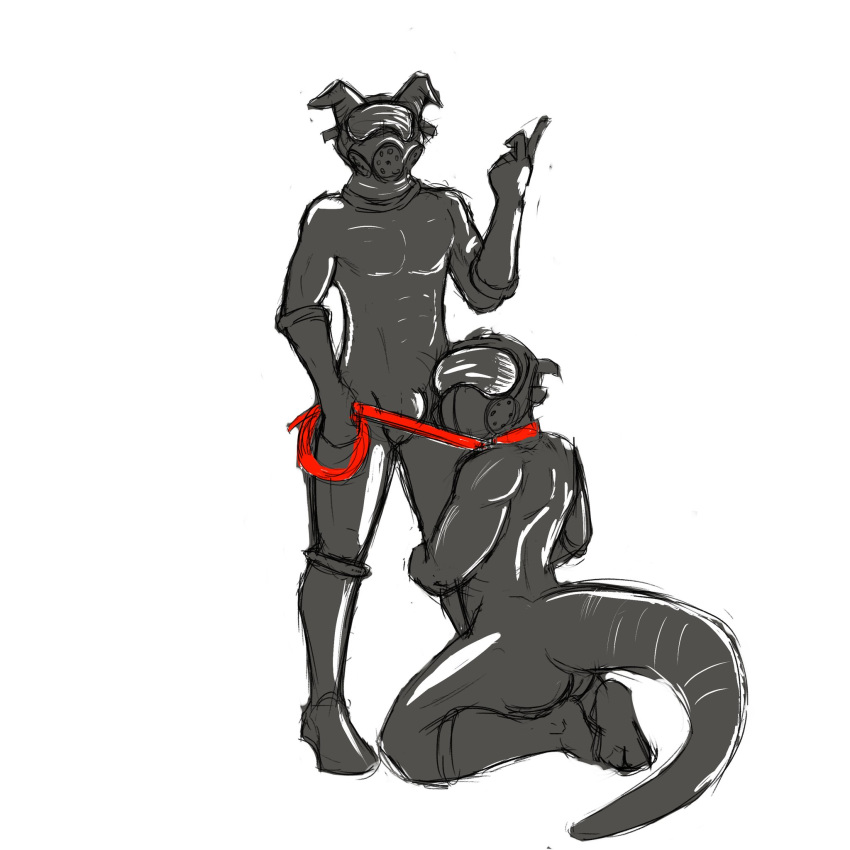 2018 amphibian anthro bdsm bodysuit bondage bound canine clothing collar cosmonautcorner digital_drawing_(artwork) digital_media_(artwork) duo gas_mask hi_res holding_leash holding_object kneeling latex_clothing leash looking_at_viewer looking_back male male/male mammal mask red_collar salamander simple_background skinsuit standing tight_clothing white_background