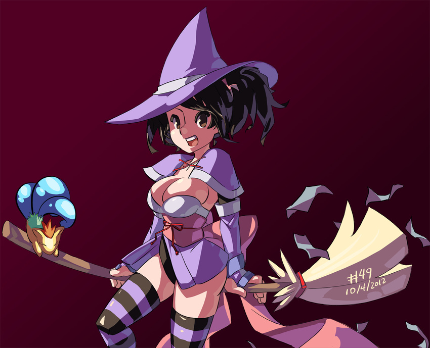 1girl adapted_costume alternate_costume black_hair bow breasts broom brown_eyes cleavage corrine dated drawfag fox halloween hat highres junkpuyo large_breasts long_hair ofuda open_mouth ponytail ribbon sheena_fujibayashi smile solo striped striped_legwear striped_thighhighs tales_of_(series) tales_of_symphonia thighhighs witch witch_hat zettai_ryouiki