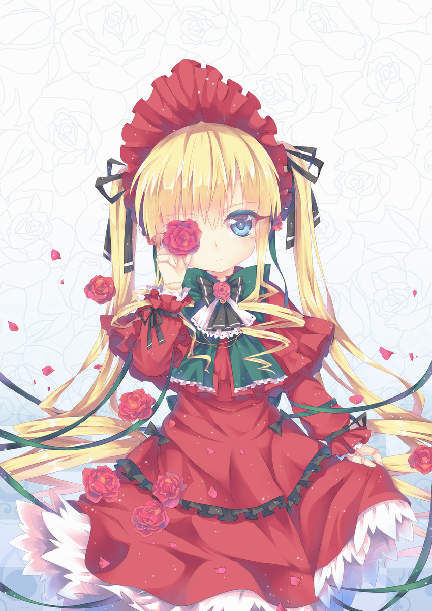 absurdres blonde_hair blue_eyes blush bonnet covering_one_eye doll doll_joints dress drill_hair floral_background flower highres light_smile long_hair north_abyssor petals ribbon rose rozen_maiden shinku solo twintails
