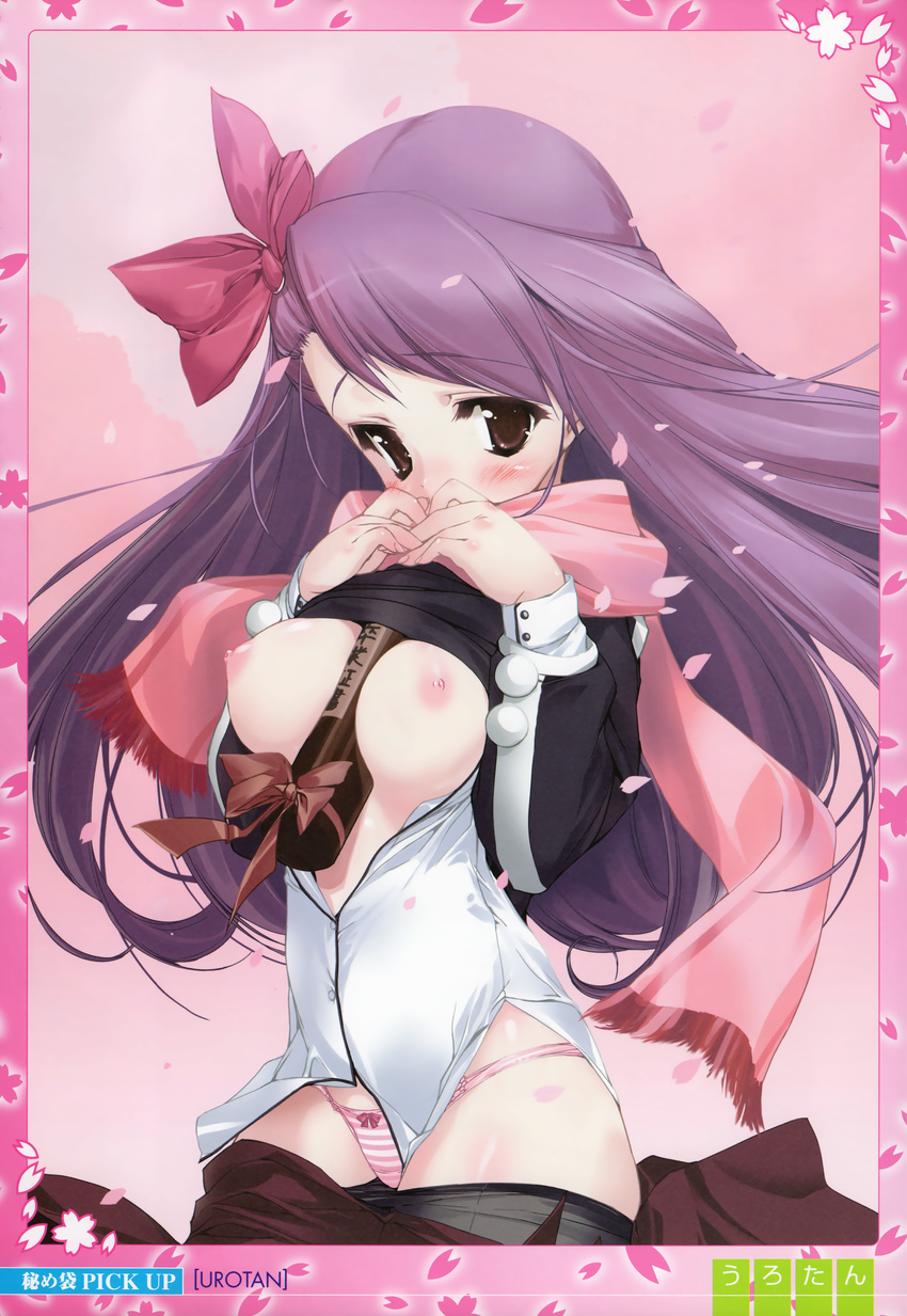 absurdres between_breasts blush bow bow_panties breasts copyright_request diploma hair_bow highres long_hair medium_breasts nipples open_clothes open_shirt panties pantyhose pantyhose_pull petals purple_hair scarf shirt skirt skirt_pull solo striped striped_panties underwear urotan