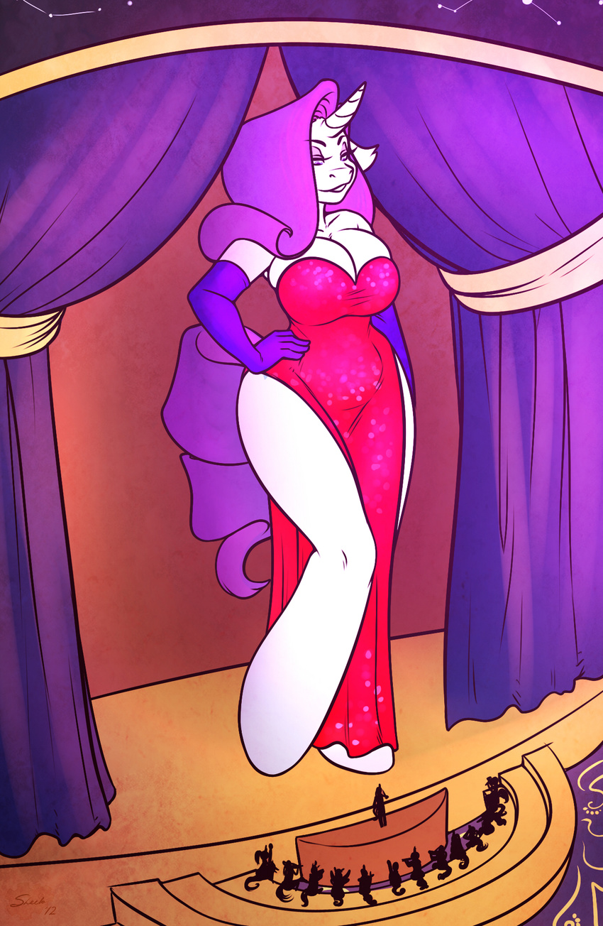 anthro anthrofied big_breasts breasts cleavage clothed clothing dress elbow_gloves equine female friendship_is_magic fur giant gloves hair hi_res hooves horn horse jessica_rabbit long_hair looking_down macro makeup mammal micro my_little_pony orchestra pony purple_eyes purple_hair rarity_(mlp) scene sheela smile solo standing thighs unicorn voluptuous white_fur wide_hips