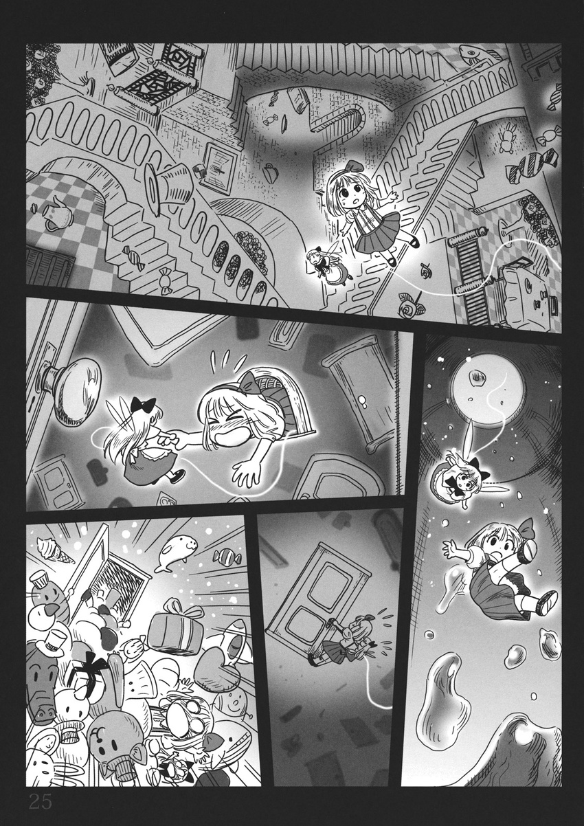 &gt;_&lt; alice_margatroid alice_margatroid_(pc-98) closed_eyes comic doll door gensoukoumuten greyscale highres monochrome multiple_girls o_o open_mouth shanghai_doll stairs touhou touhou_(pc-98) toy water wings younger