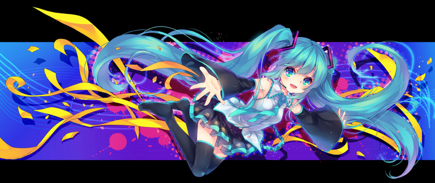 aqua_eyes aqua_hair detached_sleeves floating_hair hatsune_miku headset long_hair looking_at_viewer necktie open_mouth reaching shinia skirt smile solo twintails very_long_hair vocaloid