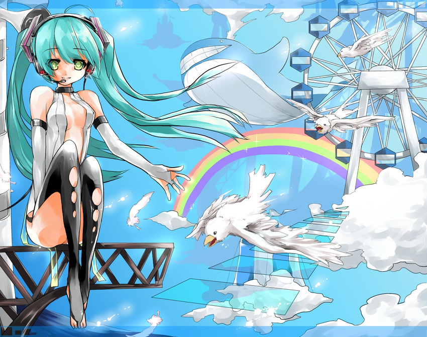 bad_id bad_pixiv_id bird day ferris_wheel flying_whale hatsune_miku hatsune_miku_(append) long_hair rainbow saihate_(d3) sky smile solo thighhighs torn_clothes torn_legwear vocaloid vocaloid_append whale