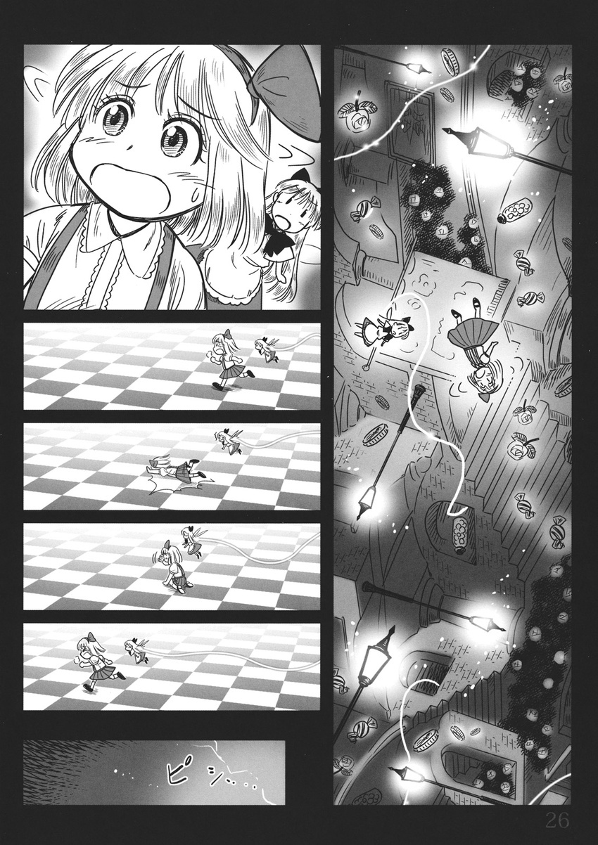 alice_margatroid alice_margatroid_(pc-98) comic doll flower gensoukoumuten greyscale highres lamppost monochrome multiple_girls open_mouth rose shanghai_doll silent_comic touhou touhou_(pc-98) tripping younger