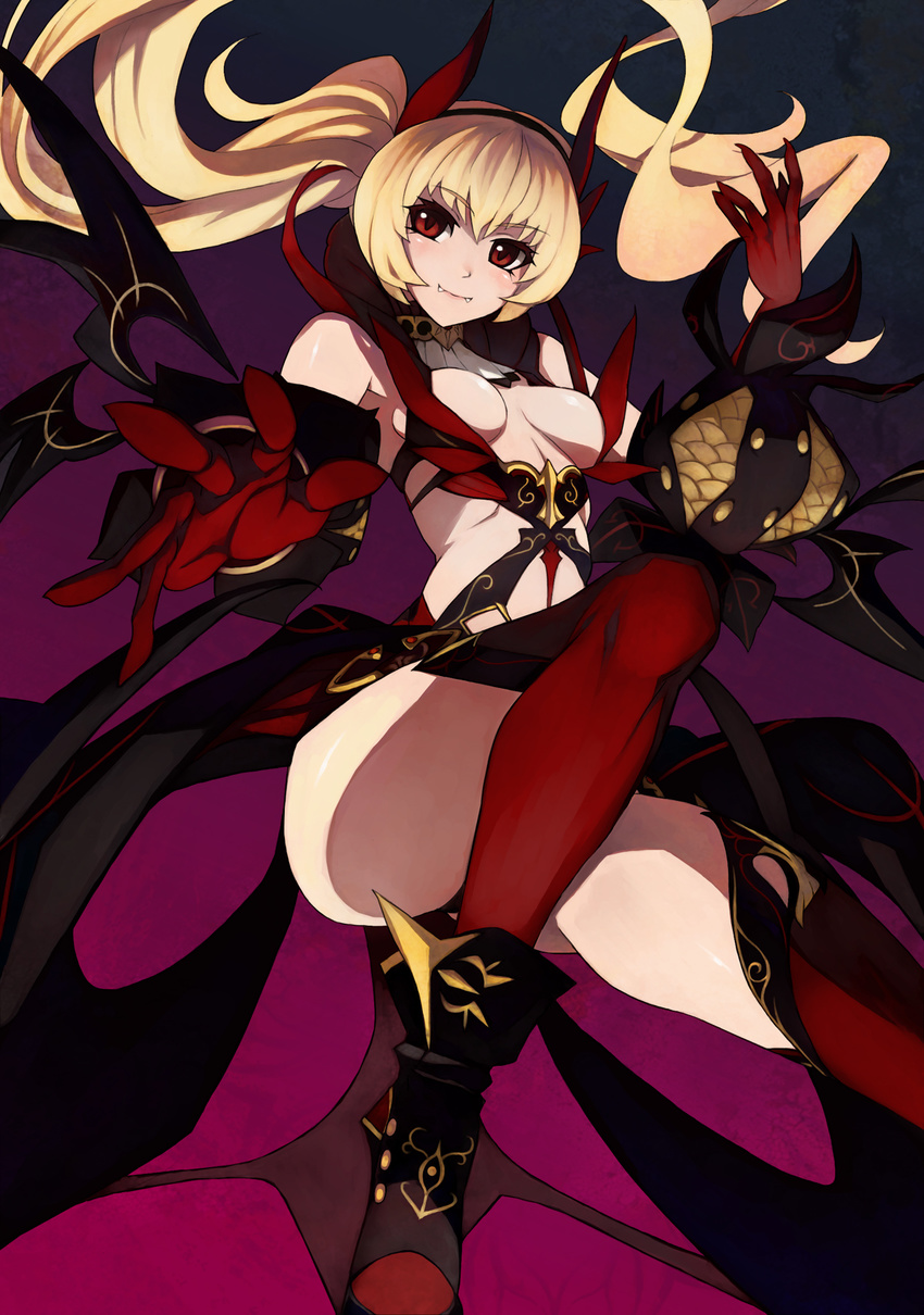 ankle_boots bare_shoulders blonde_hair boots breasts cleavage demon_wings elbow_gloves fang fangs from_below gloves highres legs long_hair looking_at_viewer looking_down medium_breasts original outstretched_hand penguin_caee ponytail red_eyes red_hair red_legwear revealing_clothes sideboob smile solo sparkle spread_fingers thighhighs thighs wings