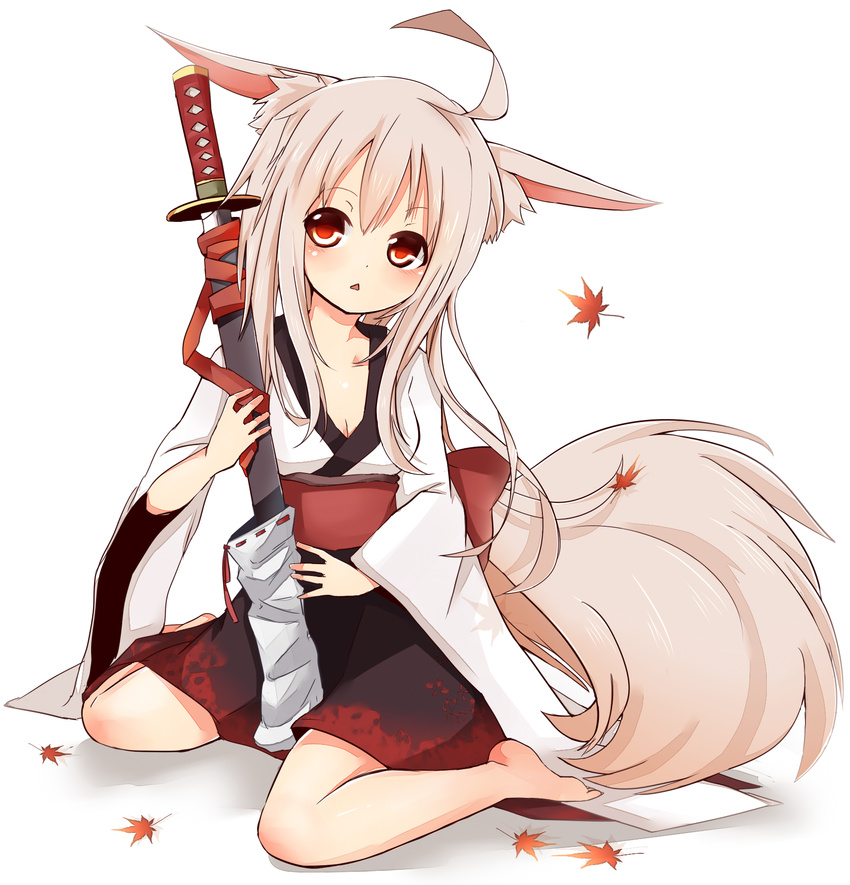 animal_ears fox_ears fox_tail highres inubashiri_momiji long_hair red_eyes solo sword tail tosura-ayato touhou weapon white_hair wolf_ears