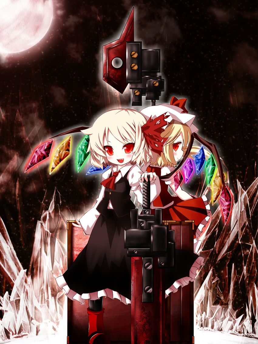ascot axe back-to-back battle_axe black_legwear blonde_hair cocozasa fang flandre_scarlet full_moon hair_ribbon hat hat_ribbon highres huge_weapon long_sleeves looking_at_viewer moon multiple_girls night open_mouth pantyhose puffy_sleeves red_eyes ribbon rumia shirt short_sleeves skirt skirt_set smile sword torn_ribbon touhou vest weapon wings
