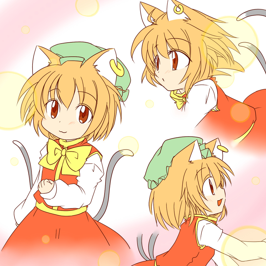 animal_ears bad_id bad_pixiv_id blush brown_hair cat_ears cat_tail chen hat highres jewelry kachoo multiple_tails no_hat no_headwear orange_hair red_eyes single_earring smile tail touhou