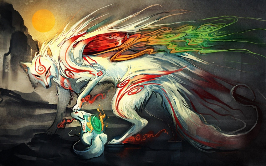 &#332;kami ?kami amaterasu ambiguous_gender canine chibiterasu cub deity female mammal shiranui smoke sun video_games wallpaper wolf young