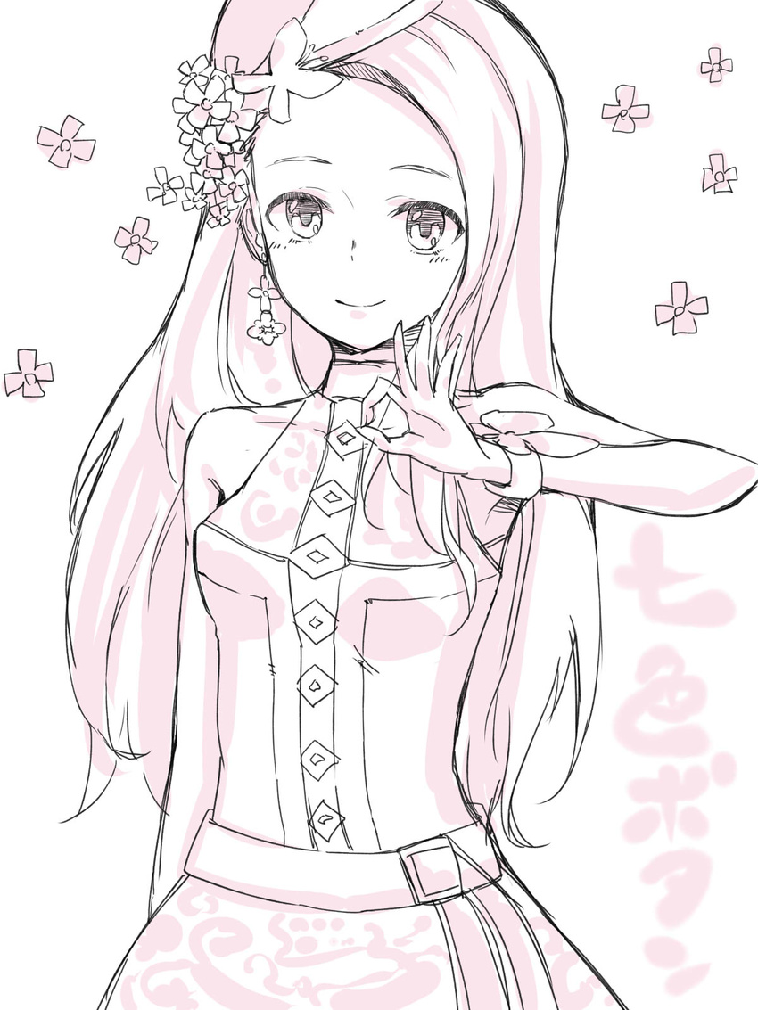 earrings flower forehead hanamuke hat highres idolmaster idolmaster_(classic) jewelry long_hair minase_iori monochrome ok_sign sketch sleeveless smile solo