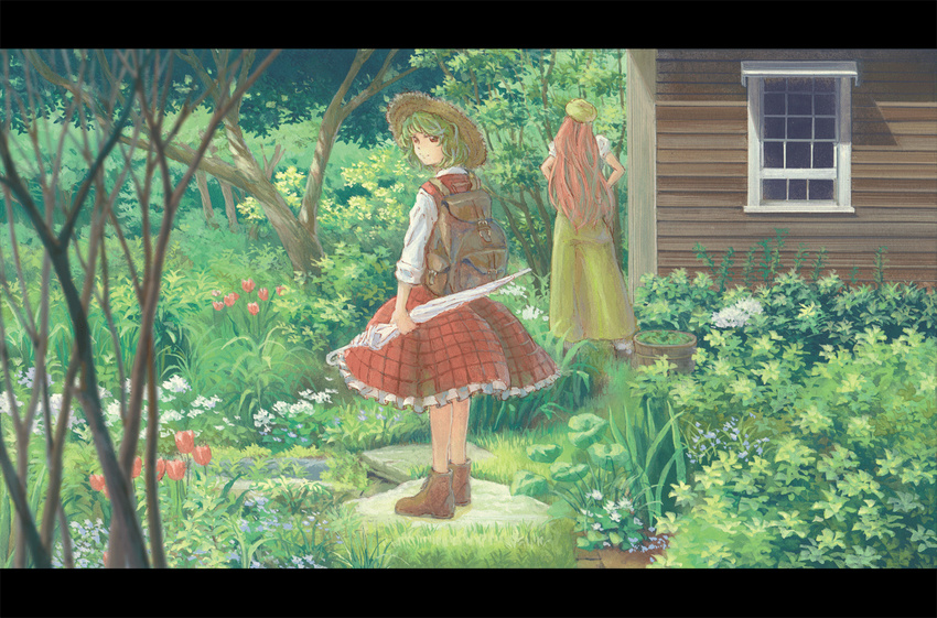 back backpack bag calligraphy_brush_(medium) closed_umbrella dress flower garden green_dress green_hair hat hong_meiling house kazami_yuuka letterboxed long_hair miso_pan multiple_girls plant potted_plant puffy_sleeves red_eyes red_hair shirt short_hair short_sleeves skirt straw_hat touhou traditional_media tree tulip umbrella window