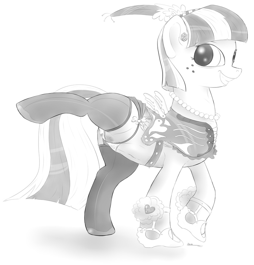 black_and_white bloss blossomforth_(artist) blossomforth_(mlp) clothed clothing corset equine female feral freckles friendship_is_magic greyscale hair horse legwear lingerie mammal monochrome my_little_pony panties pegasus plain_background pony presenting solo stockings teats two_tone_hair underwear white_background wings