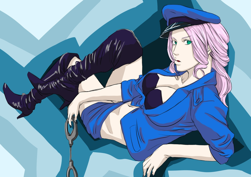 alternate_costume bad_id bad_pixiv_id boots bra breasts cleavage crossed_legs cuffs final_fight green_eyes handcuffs hat high_heels highres knee_boots large_breasts long_hair lying midriff miniskirt navel peaked_cap pink_hair poison_(final_fight) police police_uniform policewoman shoes skirt solo unbuttoned underwear uniform