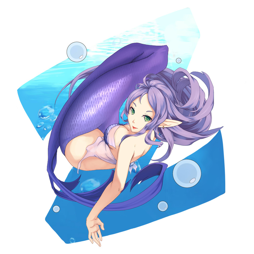 bad_id bad_pixiv_id breasts bubble cleavage earrings green_eyes highres jewelry large_breasts lips long_hair mermaid monster_girl original pointy_ears purple_hair simple_background solo underwater weien white_background