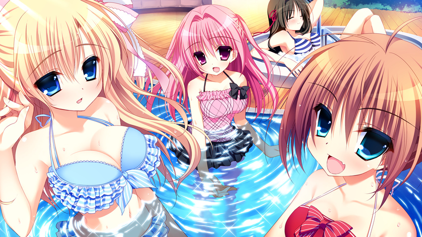 bikini cleavage fang game_cg hoshizuki_sora kanadome_miyako kuchifusa_yogiri mekami_suzu nanaca_mai pool pure_girl swimsuit wet