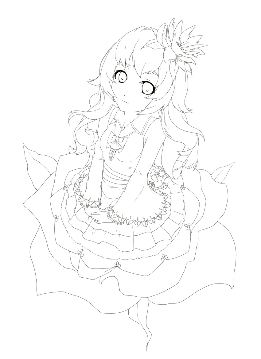 bad_id bad_pixiv_id dress flower from_above gothic_lolita hair_flower hair_ornament highres lineart lolita_fashion long_hair monochrome original rose simple_background sitting solo weien white_background
