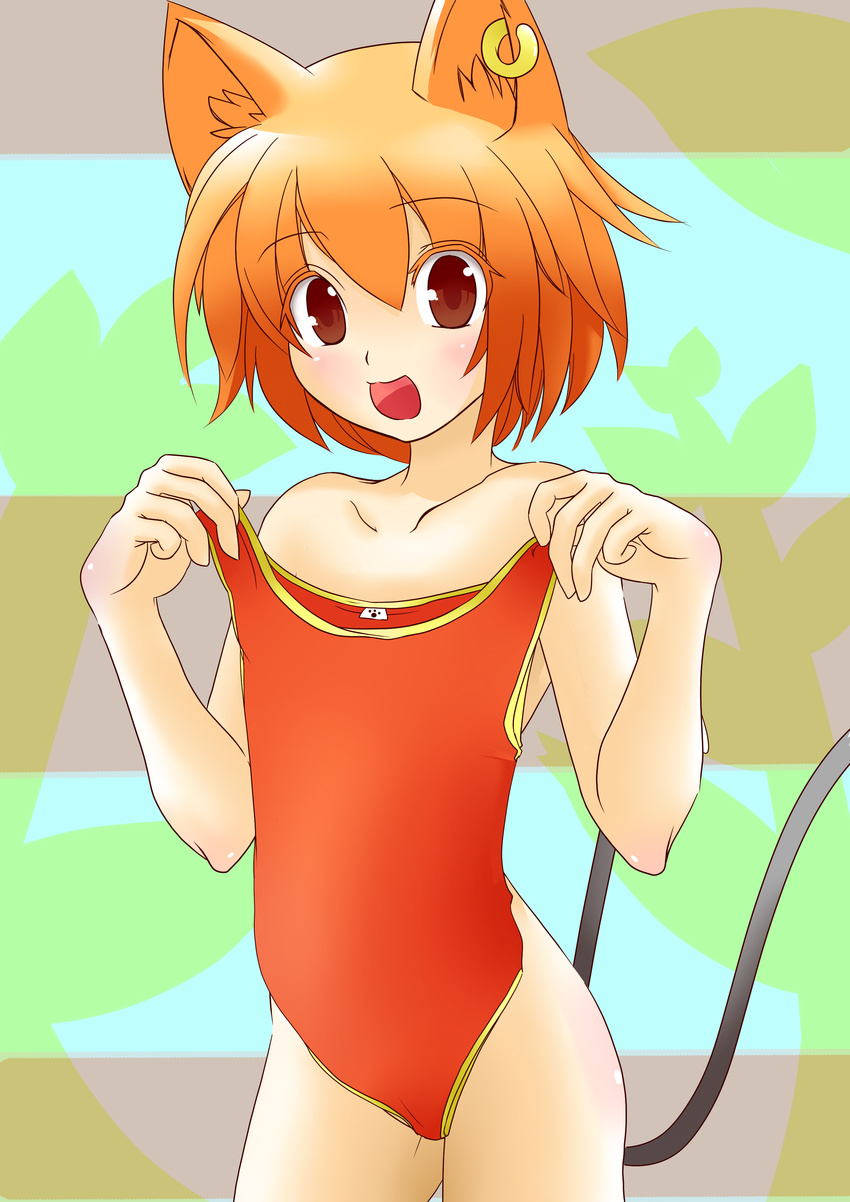 absurdres bad_id bad_pixiv_id blush brown_eyes chen clothes_in_front covering highres jewelry kachoo nude nude_cover one-piece_swimsuit open_mouth orange_hair single_earring smile solo swimsuit swimsuit_removed touhou