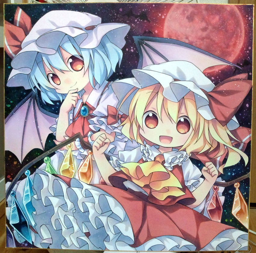 ascot bat_wings blonde_hair brooch flandre_scarlet full_moon hat hat_ribbon highres jewelry kagami_leo moon multiple_girls open_mouth red_eyes red_moon remilia_scarlet ribbon shikishi short_hair siblings side_ponytail sisters skirt skirt_set smile touhou traditional_media wings
