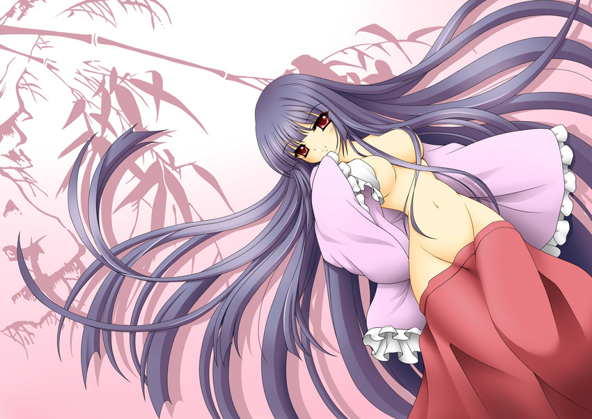 absurdres bamboo black_hair blush breasts highres houraisan_kaguya japanese_clothes long_hair lying medium_breasts nanayoduki red_eyes skirt smile solo touhou undressing very_long_hair