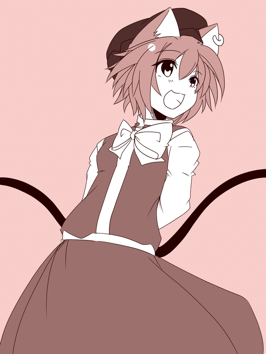 animal_ears arms_behind_back bad_id bad_pixiv_id cat_ears cat_tail chen hat highres jewelry kachoo monochrome multiple_tails open_mouth short_hair single_earring smile solo tail touhou