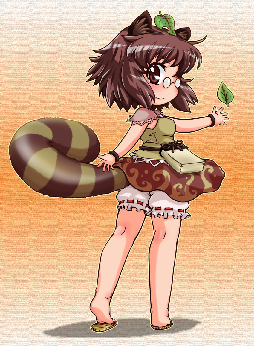 animal_ears bloomers bracelet brown_eyes brown_hair futatsuiwa_mamizou glasses highres jewelry leaf leaf_on_head notepad outstretched_arms pince-nez raccoon_ears raccoon_tail sandals shirt short_hair skirt smile solo tachikawa tail tanuki touhou underwear