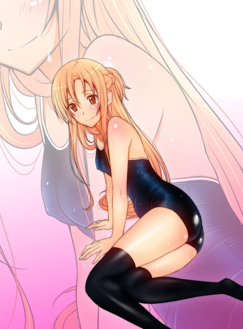 asuna_(sao) black_legwear blonde_hair blush breasts covered_nipples highres long_legs one-piece_swimsuit sanazura_hiroyuki small_breasts smile solo swimsuit sword_art_online thighhighs yellow_eyes zoom_layer
