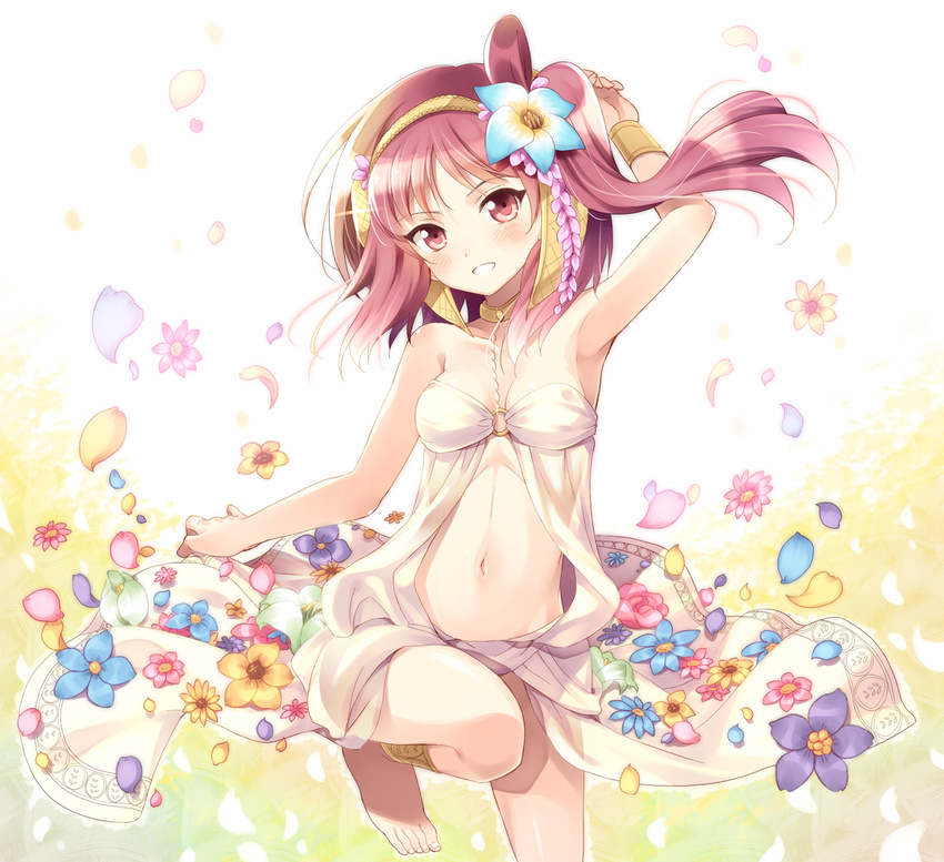 ankle_cuffs anklet arm_up armpits bare_legs bare_shoulders barefoot blush bracelet breasts choker cleavage feet flower hair_flower hair_ornament hairband jewelry komi_zumiko long_hair looking_at_viewer magi_the_labyrinth_of_magic medium_breasts morgiana navel o-ring o-ring_top one_side_up petals red_eyes smile solo toes