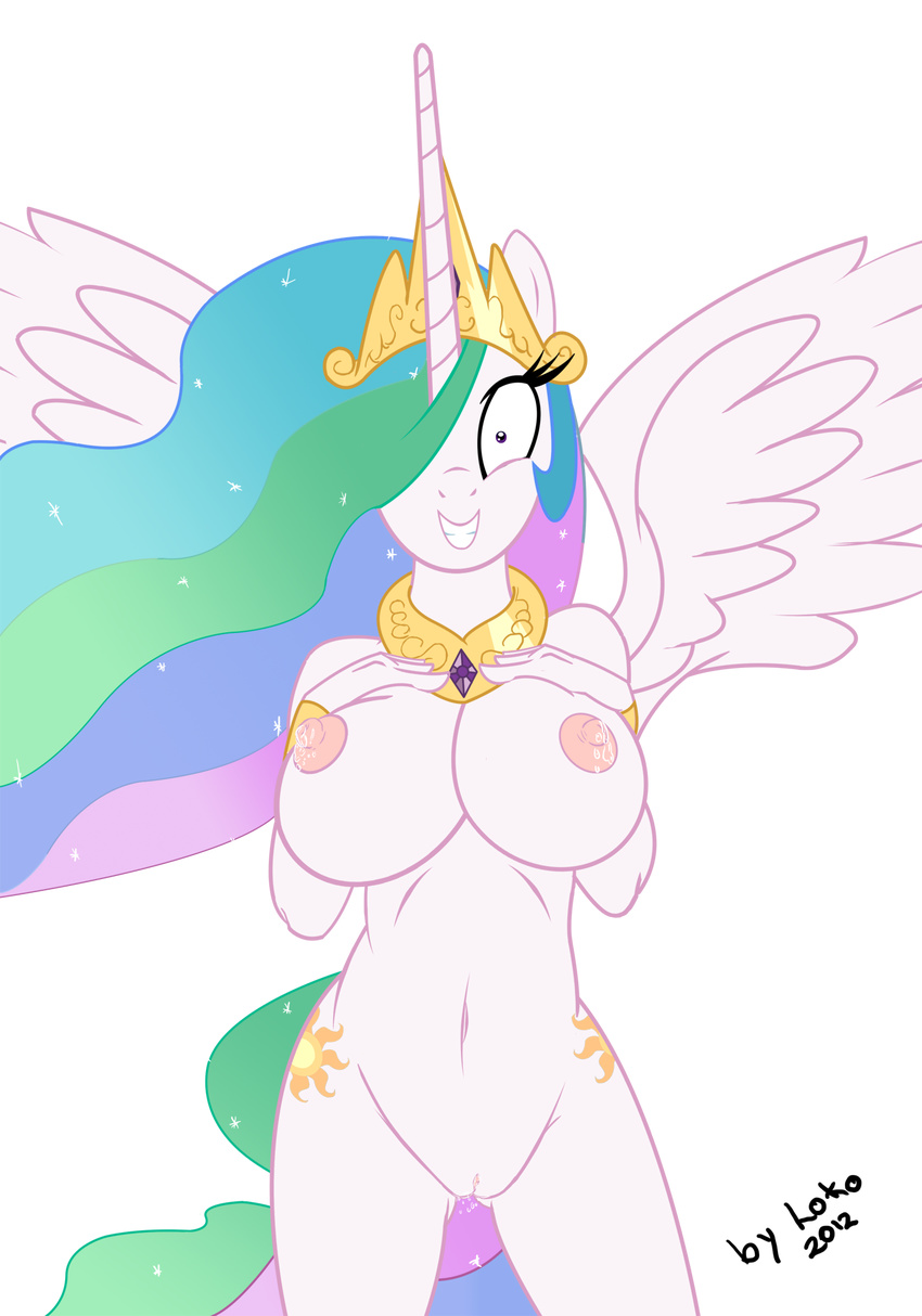 anthro anthrofied big_breasts breasts cutie_mark el-loko equine female friendship_is_magic hair horn horse huge_breasts lactating mammal mane my_little_pony nipples nude pony princess princess_celestia_(mlp) pussy royalty solo winged_unicorn wings