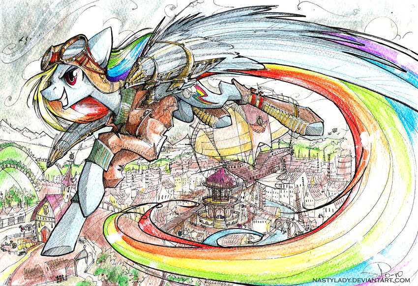 aircraft airship blue_fur cloud clouds equine eyewear feathered_wings feathers female feral flying friendship_is_magic fur goggles hair helmet hi_res hooves horse leather_jacket mammal multi-colored_hair my_little_pony nastylady pegasus pony ponyville rainbow_dash_(mlp) rainbow_hair rainbow_tail red_eyes solo spread_wings steampunk wings