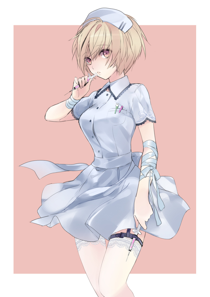 blonde_hair finger_to_mouth hat highres horiizumi_inko lace lace-trimmed_thighhighs mechanical_pencil nurse nurse_cap original pen pencil ribbon short_hair simple_background solo syringe thigh_strap thighhighs yellow_eyes
