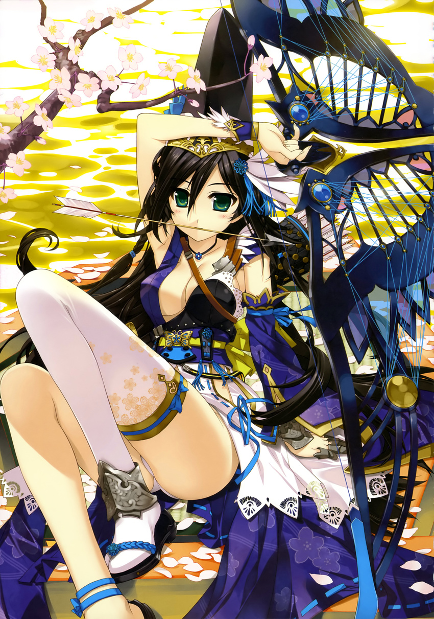 absurdres ankle_ribbon arm_up arrow asymmetrical_clothes black_hair bow_(weapon) breasts cherry_blossoms cleavage copyright_request detached_sleeves fujima_takuya green_eyes highres jewelry legs long_hair long_legs medium_breasts mouth_hold necklace obi panties petals ribbon sash scan single_thighhigh solo thighhighs thighs tiara underwear very_long_hair weapon white_legwear white_panties