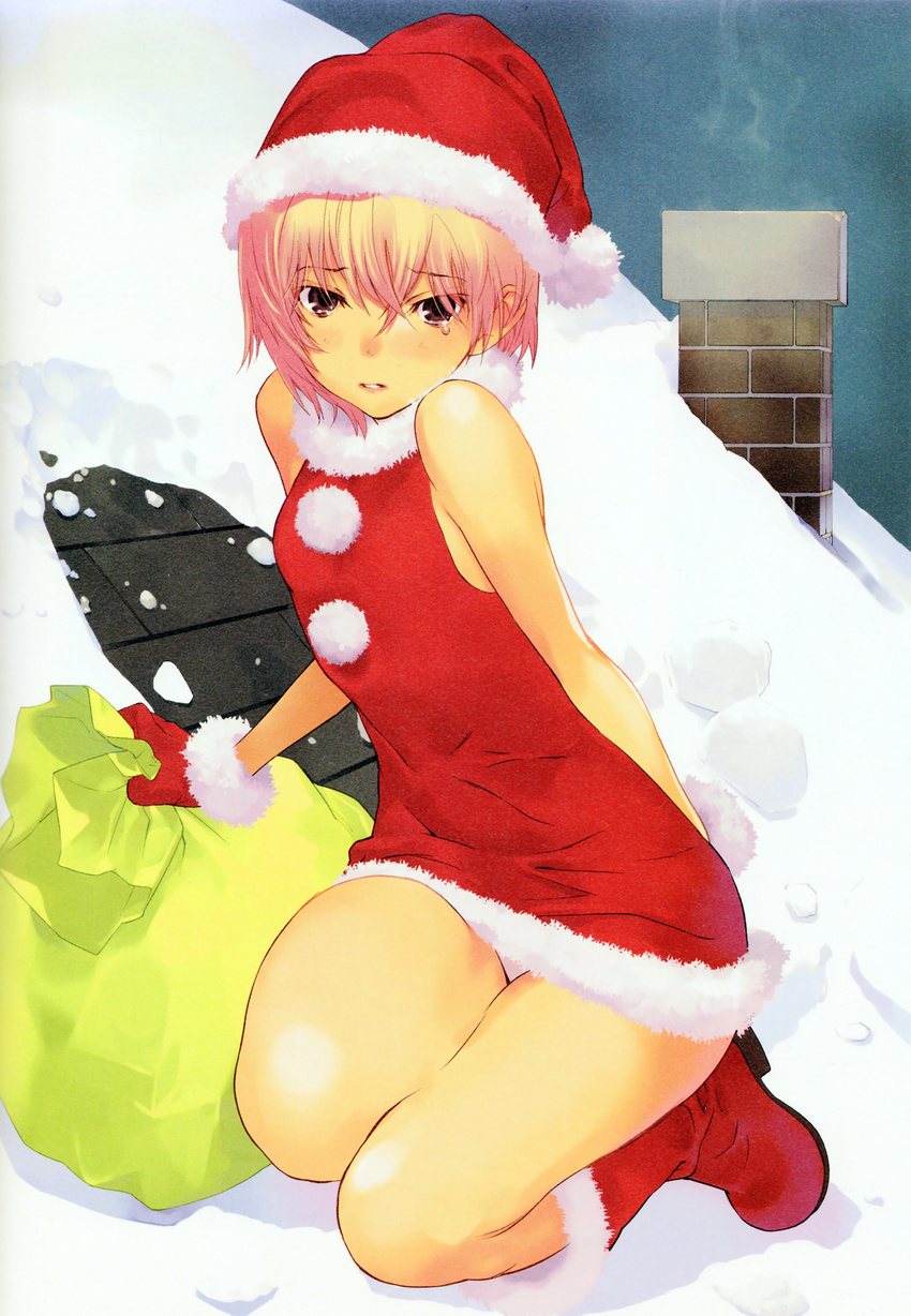 absurdres bare_shoulders boots dress fur_trim gloves hat highres huge_filesize okazaki_takeshi original panties parted_lips pink_hair purple_eyes red_gloves red_skirt sack santa_costume scan scan_artifacts short_hair skirt sleeveless sleeveless_dress snow solo tears underwear white_panties