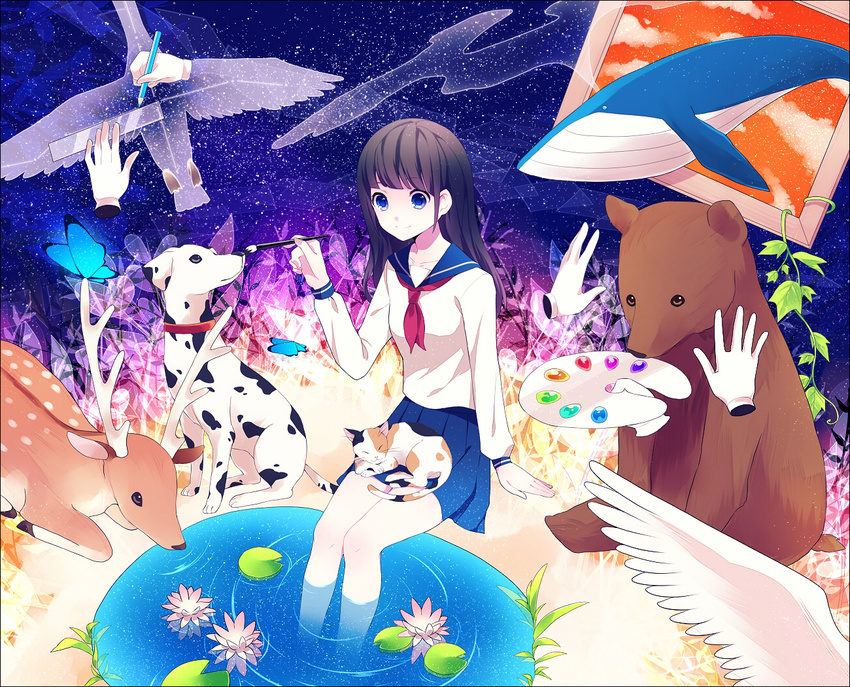 achiki animal bad_id bad_pixiv_id bear bird black_hair blue_eyes bug butterfly calico cat dalmatian deer dog flying_whale hands insect lily_pad long_hair night original paint pencil plant puddle ruler sailor sky smile solo star swan vines whale